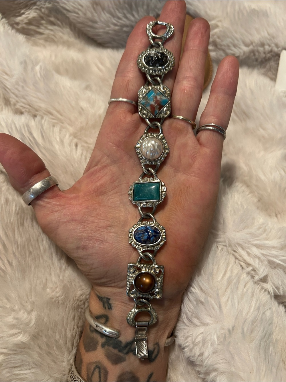 Mixed Gemstone Silver Link Bracelet — Multi Color